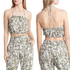 Open Edit Halter Neck Crop Top Olive Blue Cosmic Floral Size Large NWOT $39 MSRP